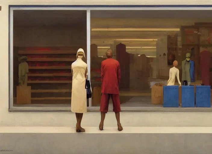 Image similar to people wearing paper bags inside paper bags at store display Edward Hopper and James Gilleard, Zdzislaw Beksinski, highly detailed