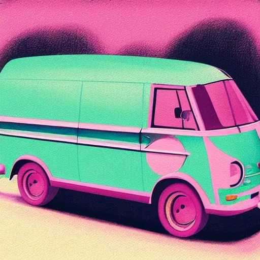 Image similar to retro painting illustration of a volswagen van, 2 d, pastel color, retro style art, trendy on artstation