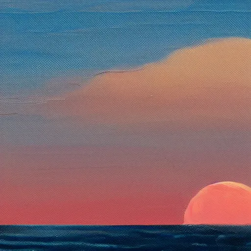 Image similar to painting of a moonrise over the atlantic ocean, kids surfing, boat in the distance, hazy islands can be seen in the distance, pink moon, faded orange sky, clouds, big waves, art by devin elle kurtz and james gurney, hd, high quality, 8 k, digital art, trending on artstation