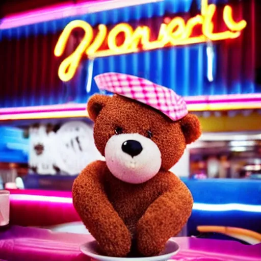 Image similar to a teddy bear eating a donut at a 1950s neon diner