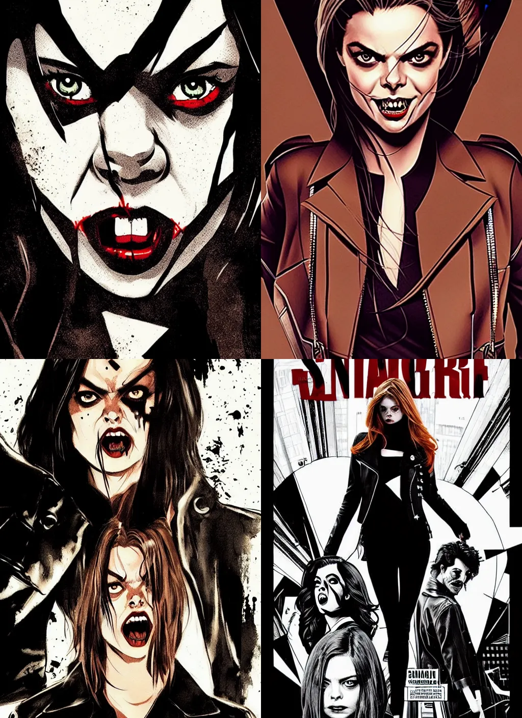 Prompt: in the style of Rafael Albuquerque comicbook cover art, Samara Weaving vampire, sharp teeth grin, perfect Symmetrical face, sarcastic, brown leather jacket