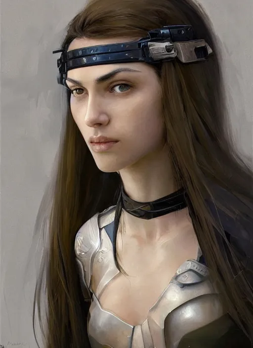 Image similar to a professional painting of a beautiful young female, clothed in military armor, olive skin, long dark hair, beautiful bone structure, symmetrical facial features, intricate, elegant, digital painting, concept art, smooth, sharp focus, illustration, from Metal Gear, by Ruan Jia and Mandy Jurgens and Artgerm and William-Adolphe Bouguerea