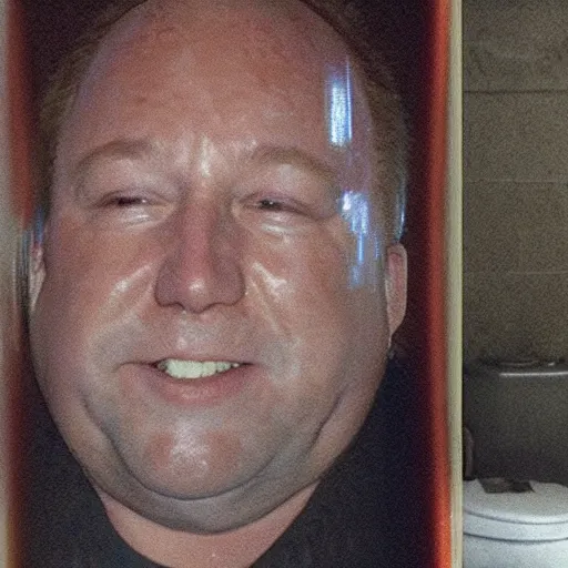 Image similar to CRT surveillence footage of a 50-year-old Alex Jones swimming inside of a filthy giant sized toilet filled with raw sewage, alex jones is gargling the sewage and smiling with an evil grin