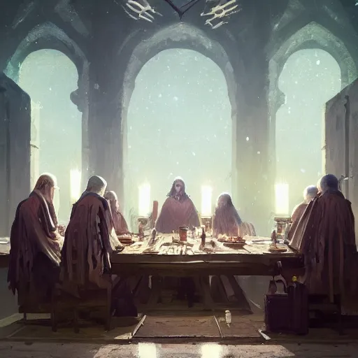 Image similar to A meeting of the council of elders, robed figures sat around a table, beautiful architecture, night time, stars visible, beautiful moon light, concept art, fantasy art, painted by Greg Rutkowski, trending on artstation