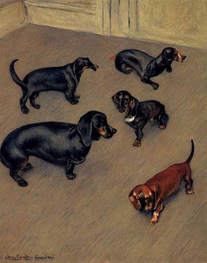 Image similar to Dachshund in rainy weather in Paris, oil painting by Gustave Caillebotte