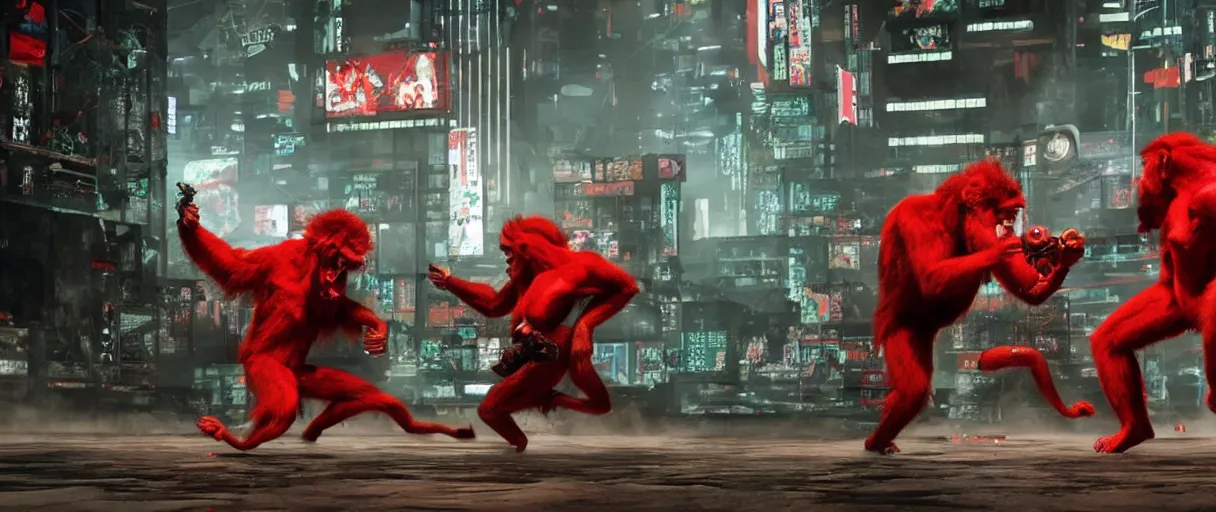 Prompt: Still from BIG MONKEY MOUNTAIN (2022) depicting the Big Monkey battling with the red beast in a massive cyberpunk brutalist lobby