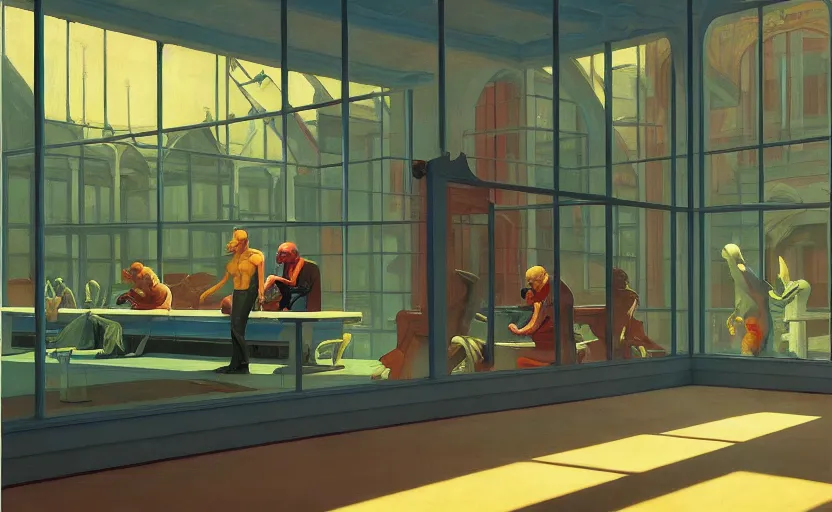 Prompt: Inside a glass house, many reflections, lights and shadows, very coherent, painted by Edward Hopper, Wayne Barlowe, painted by James Gilleard, airbrush, art by James Jean and Geof Darrow