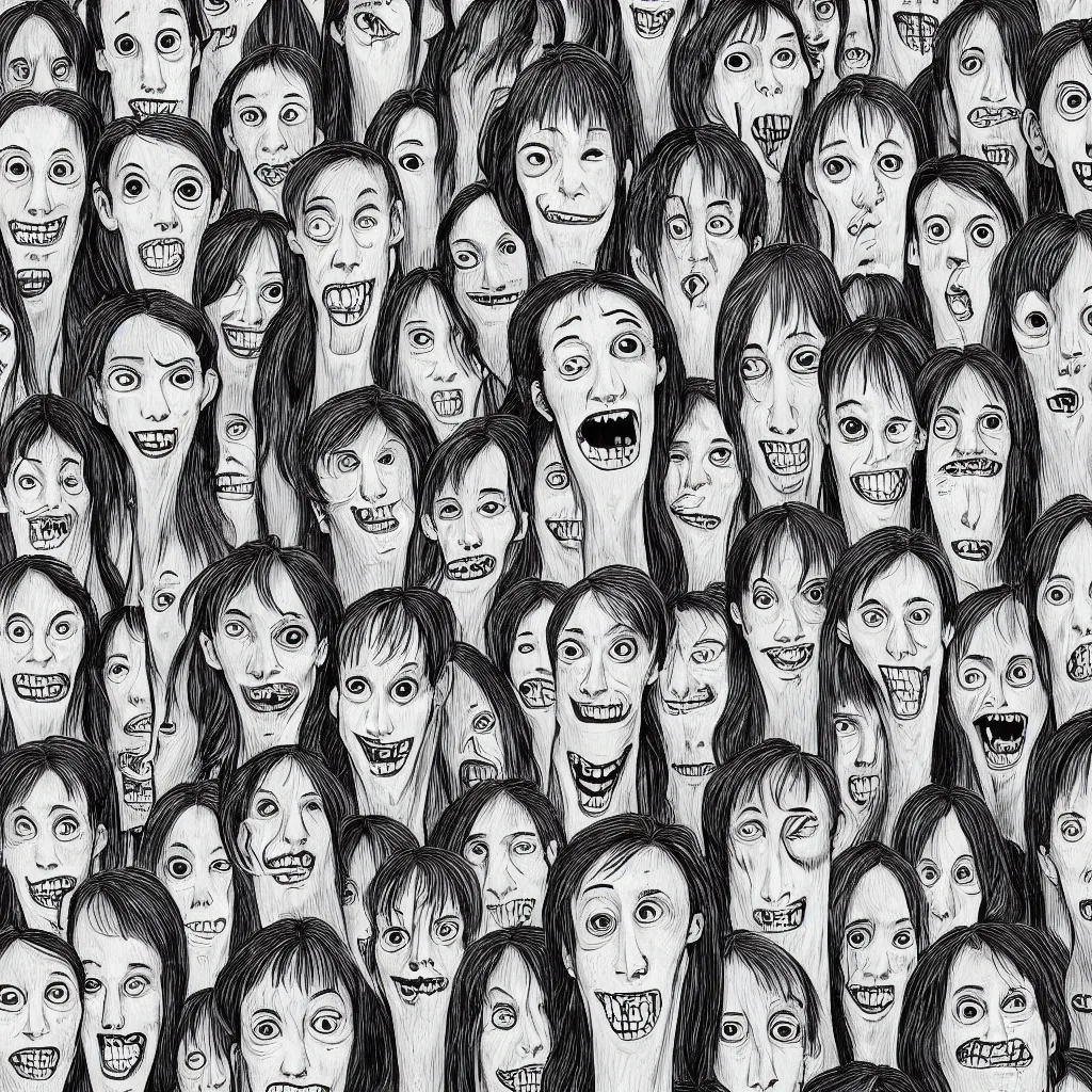 Image similar to portrait photo of a human with an absurdly long face and multiple sets of mouths stacked on top of each other, illustrated by junji ito