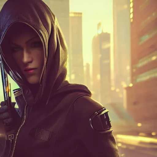 Image similar to Female cyberpunk rogue in a hood, realistic artstyle, wide shot, dramatic lighting, octane render, hyperrealistic, high quality, highly detailed, HD, beautiful, cinematic, 8k, unreal engine, facial accuracy, symmetrical