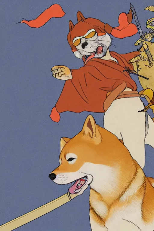 Prompt: a highly detailed portait of a shiba inu fighting a japanese folklore god with a sword in its mouth, in the style of studio ghibli, studio ghibli palette, 8 k