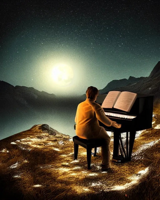 Image similar to handsome man playing a piano in the moonlight on a mountain, photorealistic, atmospheric 50mm lens