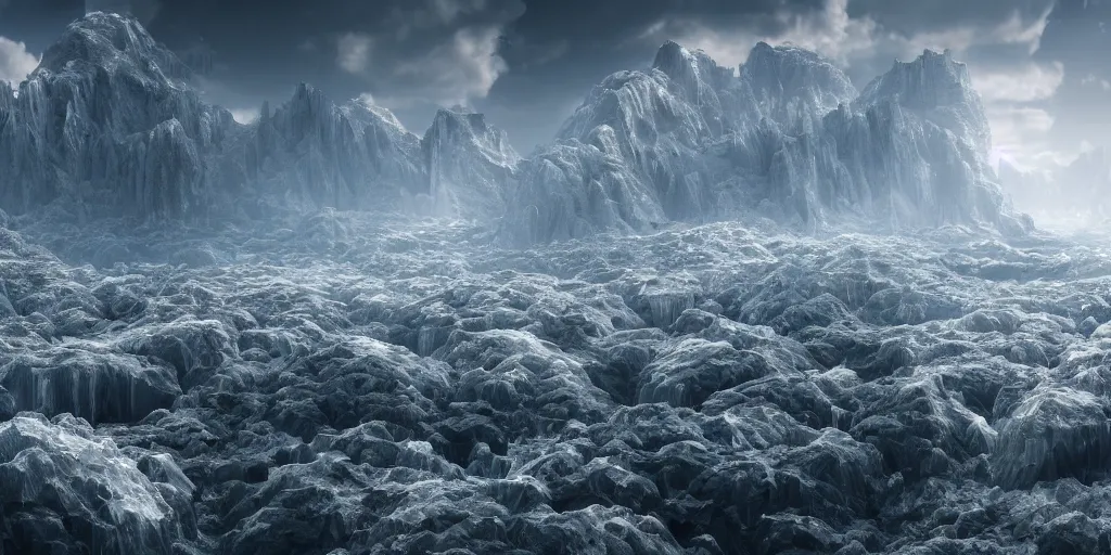 Image similar to landscape made of crystal, cinematic, detailed, epic, widescreen, opening, establishing, mattepainting, photorealistic, 4 k, octane render