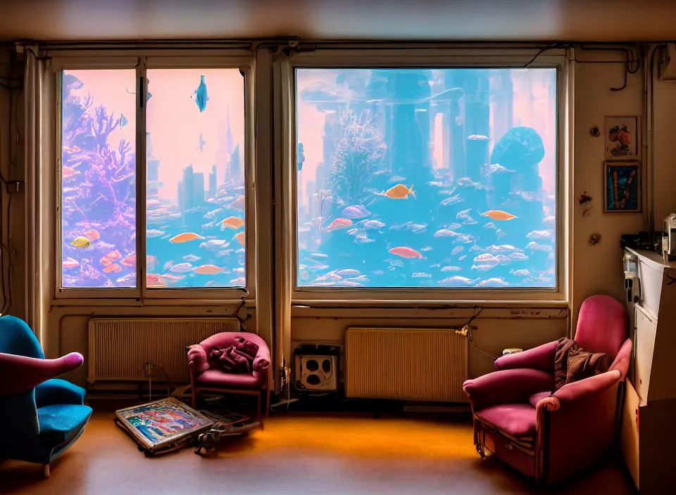 Image similar to telephoto 7 0 mm f / 2. 8 iso 2 0 0 photograph depicting the feeling of chrysalism in a cosy cluttered french sci - fi ( art nouveau ) cyberpunk apartment in a pastel dreamstate art cinema style. ( aquarium, computer screens, window ( city ), led indicator, lamp ( ( ( armchair ) ) ) ), ambient light.