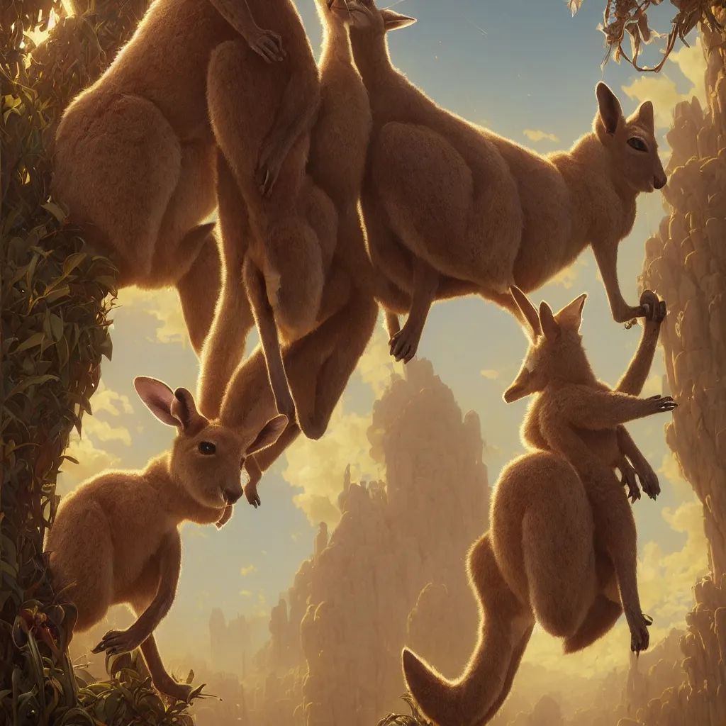 Image similar to Highly detailed portrait of a single Kangaroo wearing a Crown, Stephen Bliss, unreal engine, fantasy art by Greg Rutkowski, Loish, Rhads, ferdinand knab, Makoto Shinkai and Lois van baarle, ilya kuvshinov, rossdraws, Tom Bagshaw, alphonse mucha, global illumination, radiant light, detailed and intricate environment