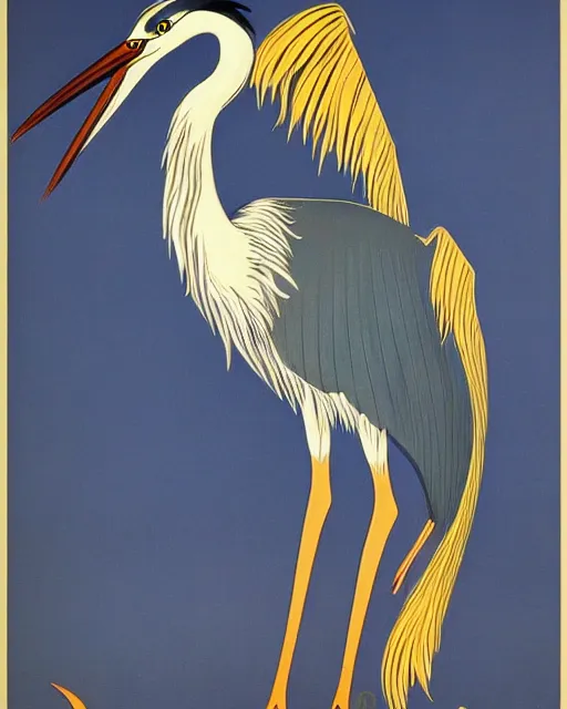 Image similar to vintage art deco hybrid animal poster depicting a heron with cat ears and paws