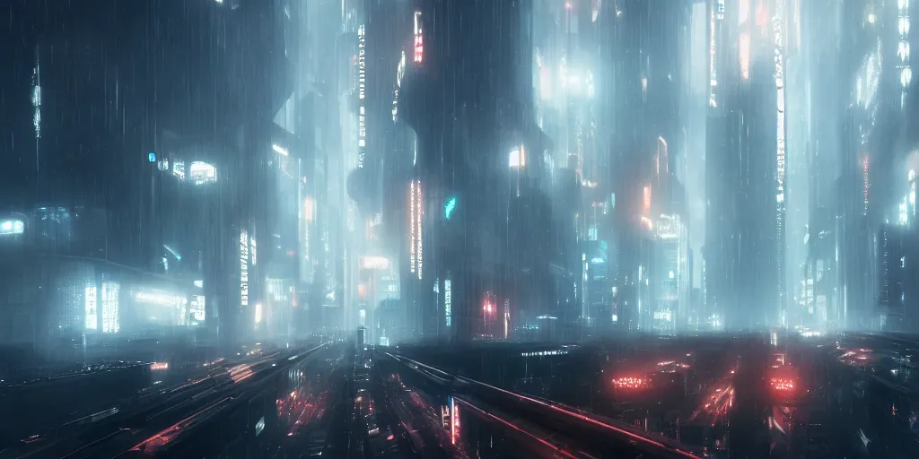 Image similar to modern futuristic city, cinematic, blade runner style, robots and humans, atmospheric, hazy, dark lighting, ILM, vfx, cinematography by greig fraser