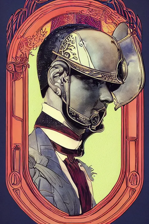 Image similar to zoomed out portrait of a duke, victorian era, art deco style, stylized illustration by moebius and juan gimenez, watercolor gouache detailed paintings in style of syd mead, ridley scott, metabaron, ghibli studio vibe, vivid colorful comics style, clean line, diesel punk, artstation