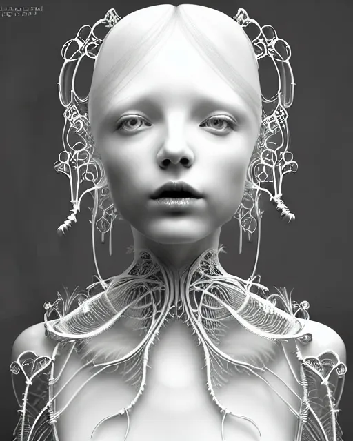 Image similar to dreamy soft luminous bw 3 d octane render, beautiful spiritual angelic biomechanical mandelbrot fractal albino girl cyborg with a porcelain profile face, very long neck, halo, rim light, big leaves and stems, fine foliage lace, alexander mcqueen, art nouveau fashion pearl embroidered collar, steampunk, silver filigree details, hexagonal mesh wire, elegant