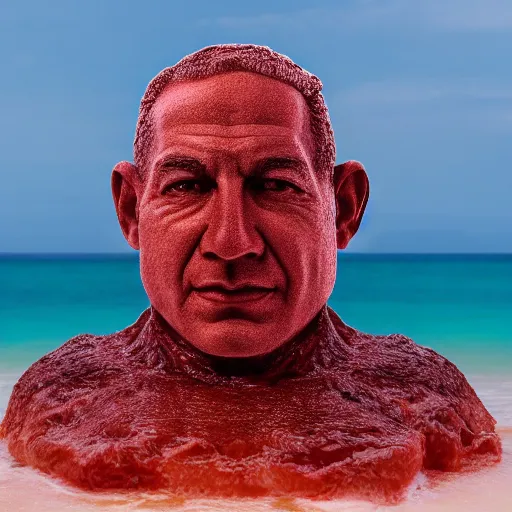 Image similar to a giant human head looking like benjamin netanyahu sculpture in the sea made out of juicy and transparent red jelly, long shot, hyper detailed, hyper realistic, ray tracing, 8 k resolution, sharp focus, realistic water, award winning