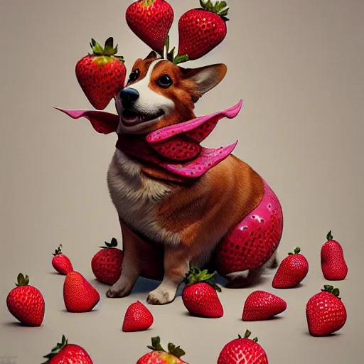 Image similar to corgi as a strawberry : by michal karcz, daniel merriam, victo ngai and guillermo del toro : ornate, dynamic, particulate, intricate, elegant, highly detailed, centered, artstation, smooth, sharp focus, octane render