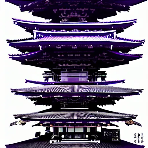 Image similar to Futuristic Pagoda Shrine in Tokyo megapolis in style of Tsutomu Nihei in purple and black tones. ArtStation, Cyberpunk, vertical symmetry, 8K, Highly Detailed, Intricate, Album Art.