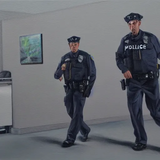 Image similar to hyperrealism painting of a police search of a suspicious person