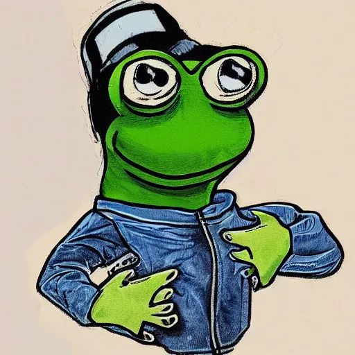 Prompt: pepe the frog head from 4chan on the body of a cartoon dog wearing a leather jacket and jeans