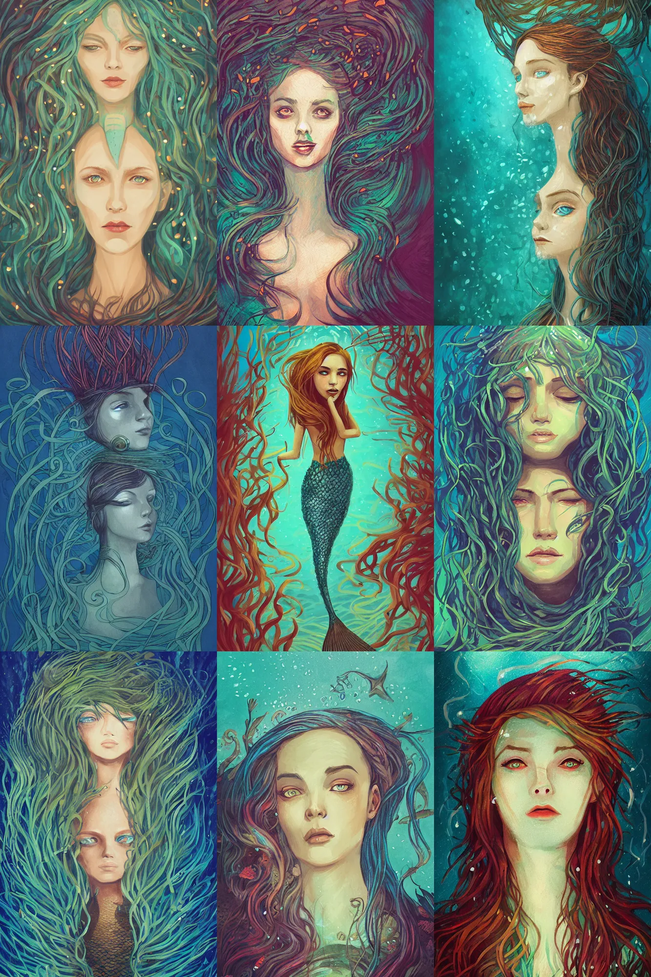 Prompt: head portrait illustration of a mermaid under the sea, surrounded by kelp, art by Anato Finnstark