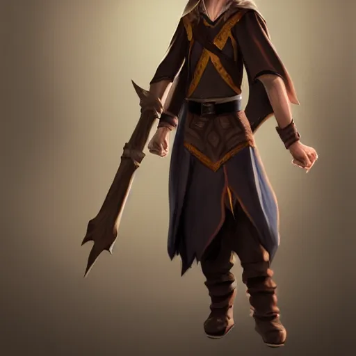 Image similar to A fullbody portrait of an adolescent male half-elf wizard who is tall and slim, focus on face, short brown hair, smiling, wizard robes, staff, sharp focus, highly detailed, photograph, cinematic, dynamic lighting, trending on artstation, digital painting, in the style of Chris Ostrowski