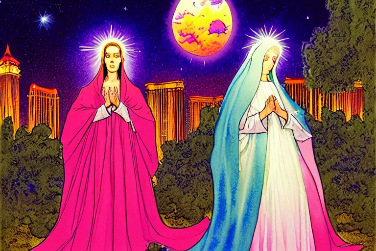 Image similar to a hyperrealist watercolour character concept art portrait of the blessed mary in rainbow gown on well lit night in las vegas, nevada. there is a ufo. neon roses. by rebecca guay, michael kaluta, charles vess and jean moebius giraud