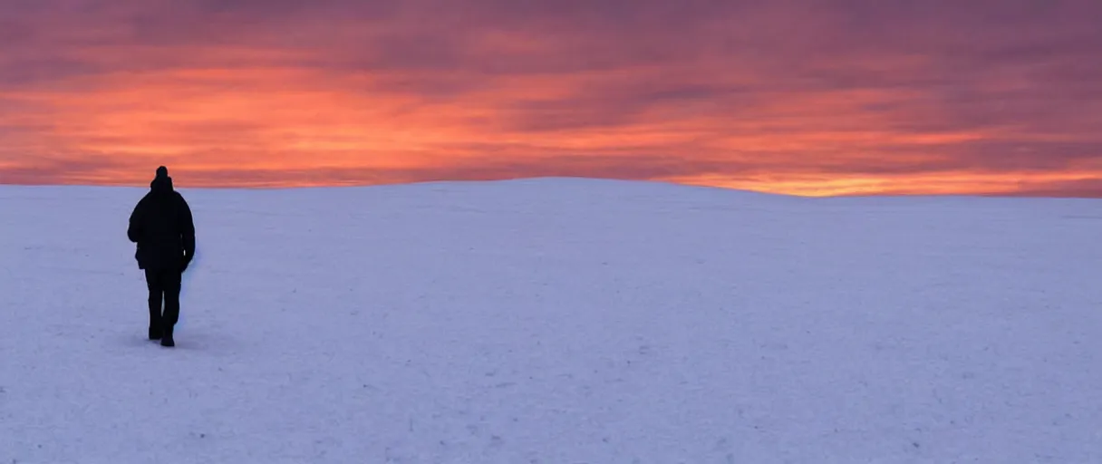 Image similar to a high quality color extreme closeup depth of field creepy hd 4 k film 3 5 mm photograph of the faint barely visible silhouette of a bulky man walking away from a blizzard into a clear desolate snow field with the golden sunset antarctica sky in the distance