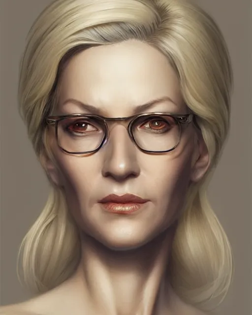 Prompt: portrait of thin blonde middle aged lady borg queen with glasses, elegant, real life skin, intricate, high detailed, artstation, concept art, smooth, sharp focus, art by artgerm and greg rutkowski