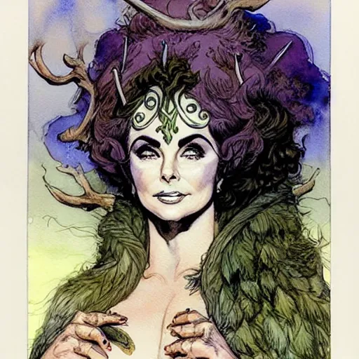 Image similar to a realistic and atmospheric watercolour fantasy character concept art portrait of elizabeth taylor as a druidic warrior wizard looking at the camera with an intelligent gaze by rebecca guay, michael kaluta, charles vess and jean moebius giraud