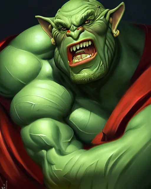 Image similar to « a portrait of a muscular green orc, a character portrait by paul kelpe, reddit contest winner, sots art, ilya kuvshinov, 2 d game art, parallax »