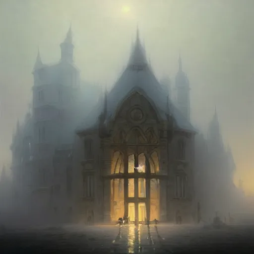 Image similar to a beautiful painting of a dark souls buildings by ivan aivazovsky and rhads and greg rutkowski and james gurney, in style of digital art, lit windows, fog, mystic, hyper detailed, sharp focus, soft light. octane render. ray tracing. trending on artstation