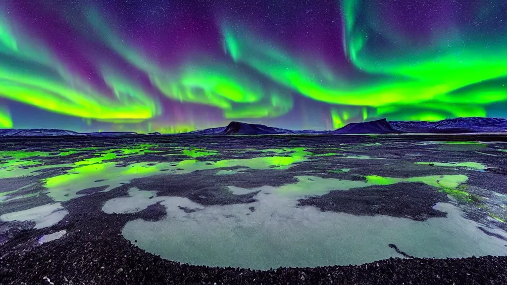Prompt: summer iceland astrophotography, beautiful night sky, aurora borealis, award winning photograph, national geographic, vincent van gogh