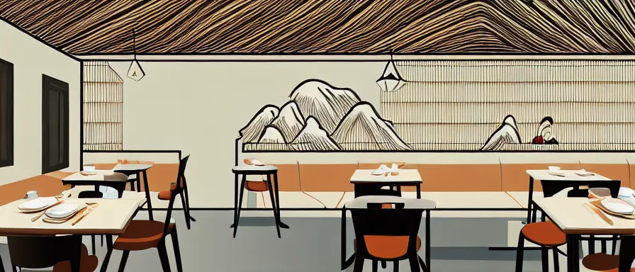 Prompt: a beautiful interior view illustration of a small roasted string hotpot restaurant in yan'an city, wall corner, chinese mountain architecture, restaurant wall paper is tower amd mountain, rectangle white porcelain table, people are eating, black chair, animation illustrative style, from china, simple style structure decoration design, victo ngai, james jean, 4 k hd