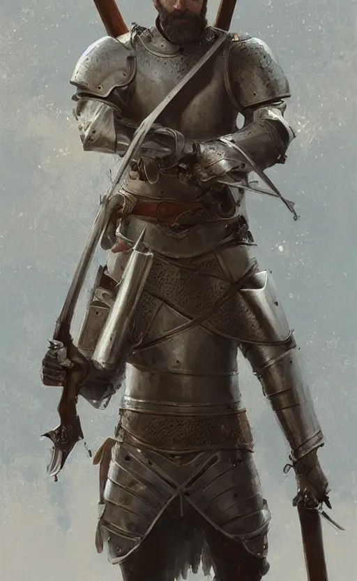 Prompt: Portrait of a medieval knight holding a long rifle, male, detailed face, fantasy, highly detailed, cinematic lighting, digital art painting by greg rutkowski