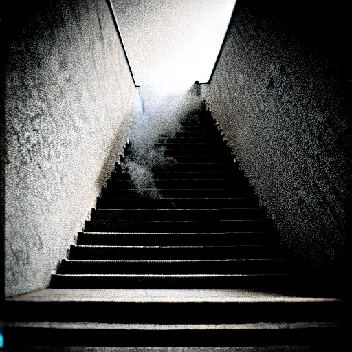 Image similar to black and white surreal photograph, highly detailed vast space made of stairsteps, sideview, detailed textures, natural light, mist, architecture photography, film grain, soft vignette, sigma 1 4 mm f / 1. 4 1 / 1 0 sec shutter, imax 7 0 mm footage