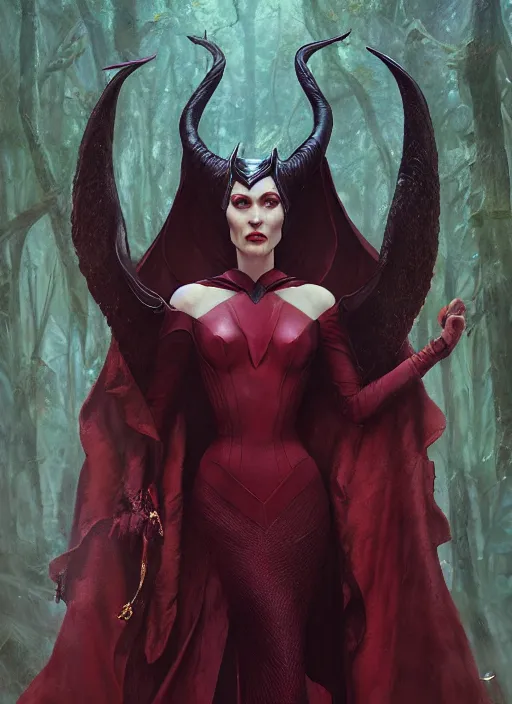 Image similar to scarlet witch as maleficent, naturel, hyper detailed, digital art, trending in artstation, cinematic lighting, studio quality, smooth render, unreal engine 5 rendered, octane rendered, art style by klimt and nixeu and ian sprigger and wlop and krenz cushart