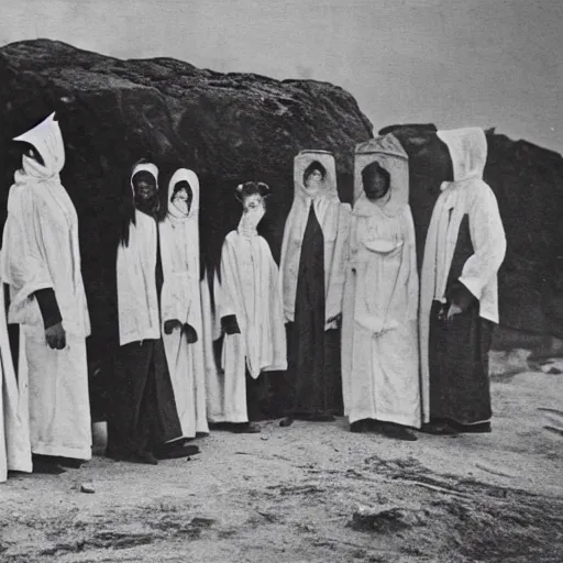 Prompt: worshippers dressed in robes belonging to the cult of the lighthouse. Dilapidated 1800s lighthouse. 1800s photo.