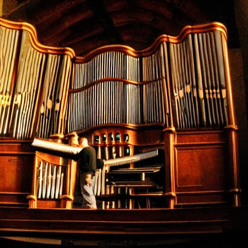 Prompt: two old prompt masters playing on huge scale pipe organ designed by h. r giger, interesting light and shadows effects