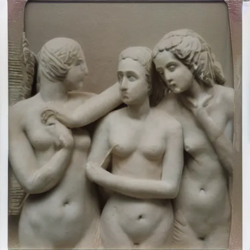 Prompt: Polaroid photo of fragmented greek sculpture of three idealized female inside a temple