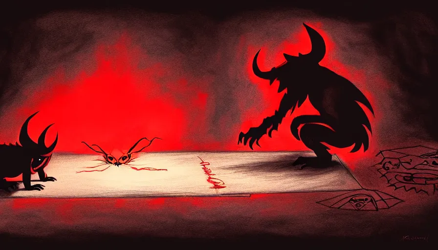 Prompt: a red horned shadow monster crouching down, observing a child drawing with crayons on pieces of paper scatter over the floor of an empty room, digital art, dark fantasy, concept art