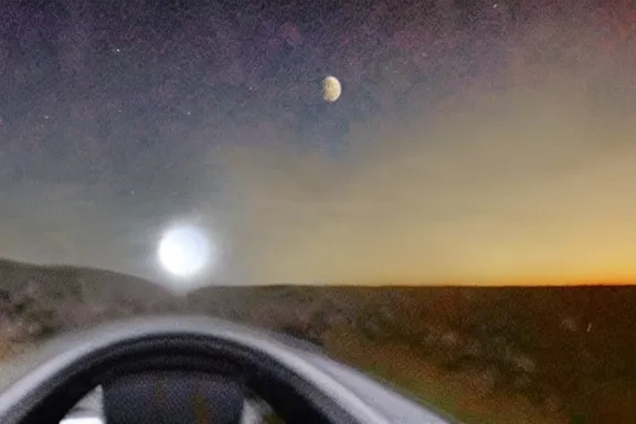 Image similar to dash cam footage of a black hole in the sky destroying the moon