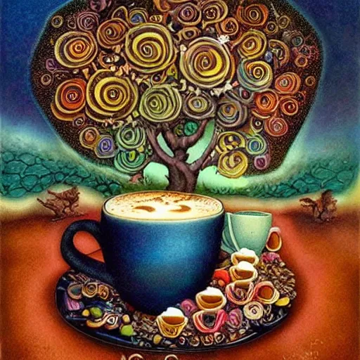 Image similar to surreal hippie coffee, artwork by daniel merriam