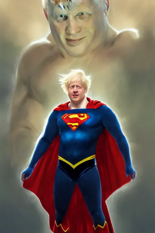 Image similar to Boris Johnson as Superman, realistic portrait, symmetrical, highly detailed, digital painting, artstation, concept art, smooth, sharp focus, illustration, cinematic lighting, art by artgerm and greg rutkowski and alphonse mucha