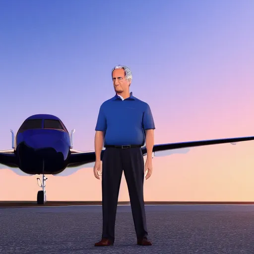 Image similar to aesthetic illustration of jeffrey epstein, wearing a dark blue polo shirt, standing by his bombardier private jet on an empty runway at dusk, cinematic lighting, high detail, volumetric lights, rule of thirds, unreal engine 5 render, pinterest wallpaper, trending on artstation