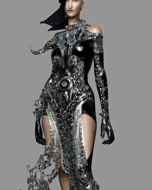 Image similar to a highly detailed metahuman 4 k close up render of a bella hadid in a black latex outfit monument renaissance in iris van herpen dress schiaparelli in diamonds crystals swarovski and jewelry iridescent in style of alphonse mucha gustav klimt trending on artstation made in unreal engine 4