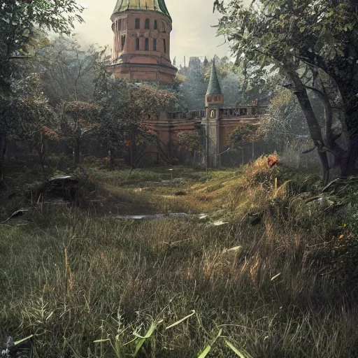 Prompt: post-apocalyptic overgrown kremlin, digital art, octane render, beautiful composition, trending on artstation, masterpiece